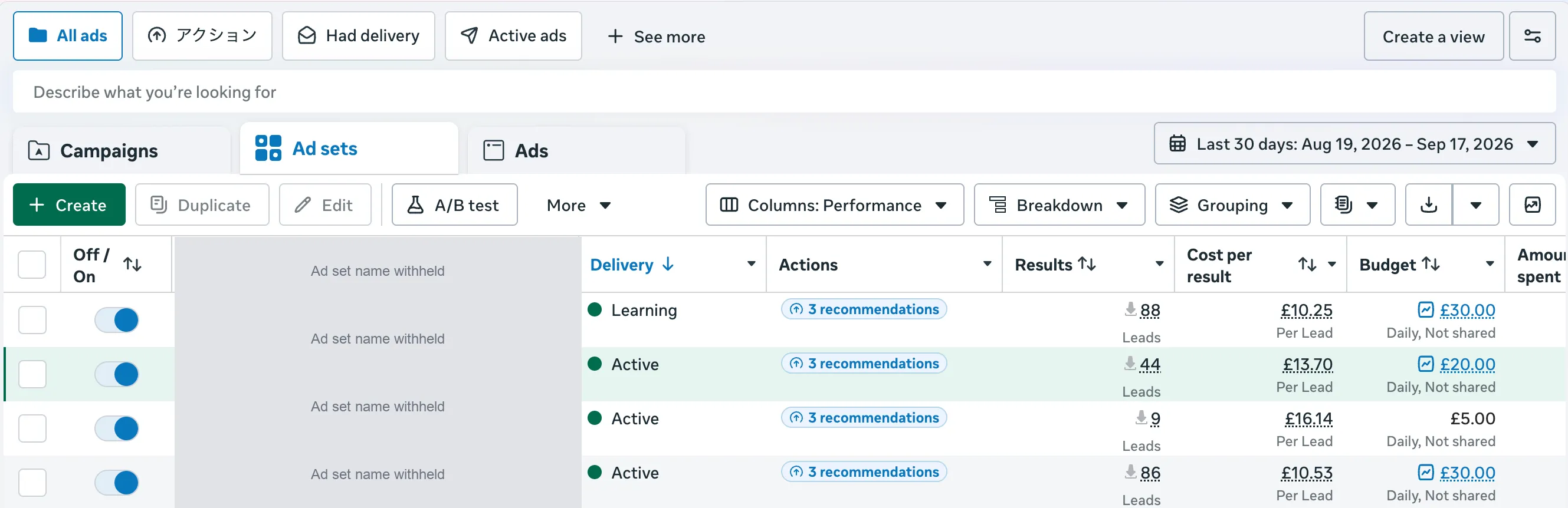 Anonymised Meta Ads ad set breakdown showing leads and cost per lead for the same UK client, with ad set names withheld